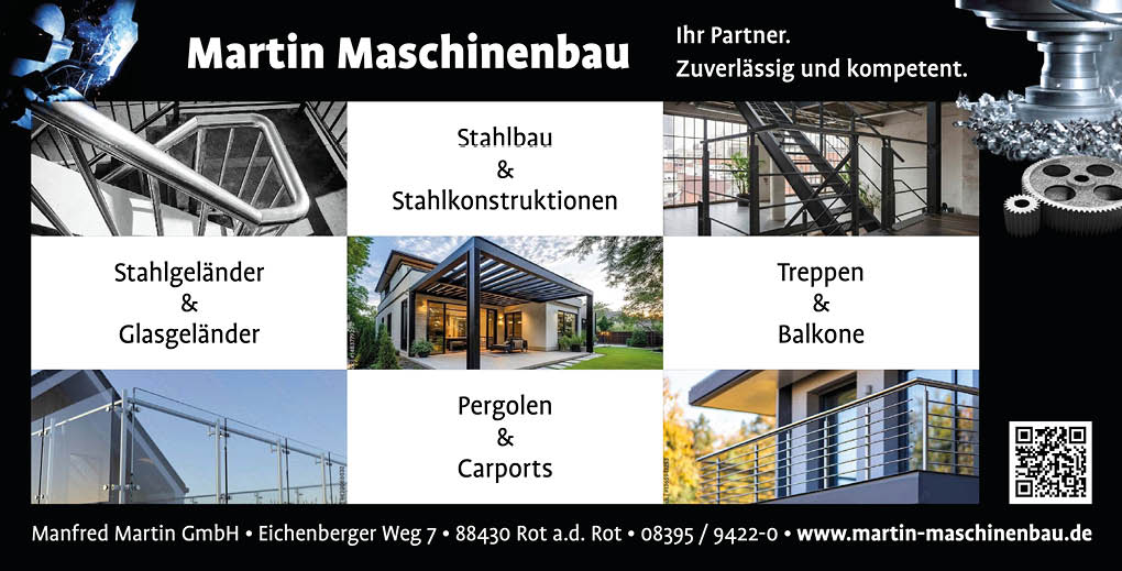 Advertisement for Martin Maschinenbau showcasing steel construction services including steel railings, glass railings, stairs, balconies, pergolas, and carports with images of metalwork and architectural structures. Beschreibung von KI generiert
