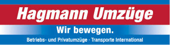 Hagmann Umz ge logo with the slogan “Wir bewegen" and text indicating services for business and private moves as well as international transport in a red, white, and blue color scheme. Beschreibung von KI generiert