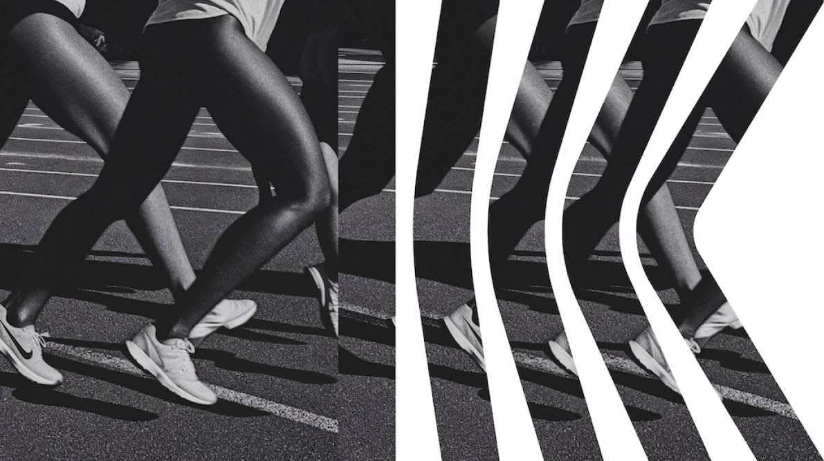 Several people wearing athletic shoes are running on a track, with the image distorted by vertical white stripes. Beschreibung von KI generiert