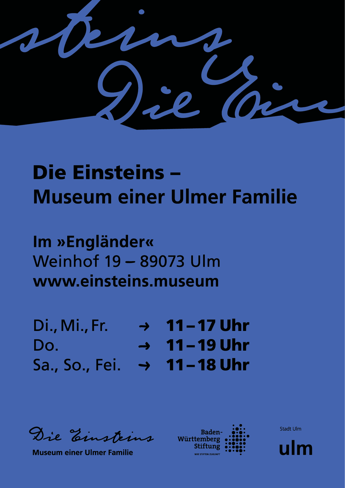 Information about the Die Einsteins museum in Ulm including its address, website, and opening hours on different days of the week. Beschreibung von KI generiert