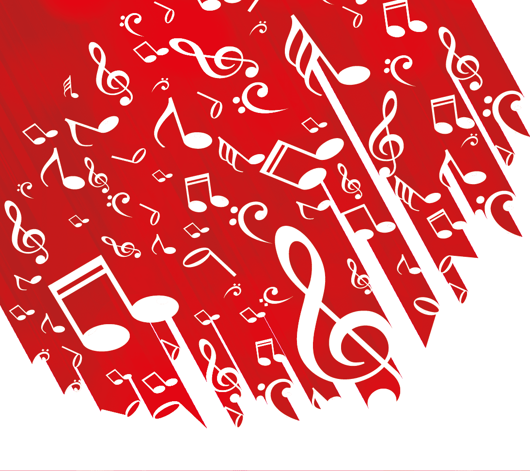A red background with various white musical notes and symbols scattered across it in a dynamic, artistic pattern. Beschreibung von KI generiert