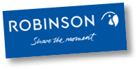 A blue rectangular logo with the word “ROBINSON" in white uppercase letters, a stylized bird icon, and the phrase "Share the moment" written in cursive below. Beschreibung von KI generiert