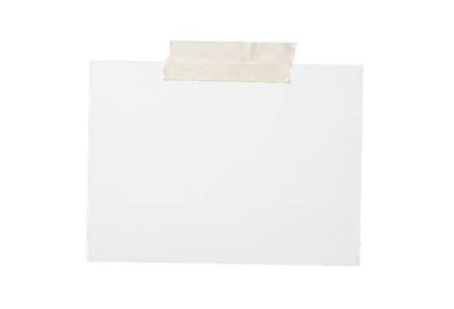 A blank white rectangular paper taped to a white surface with a piece of beige masking tape at the top. Beschreibung von KI generiert