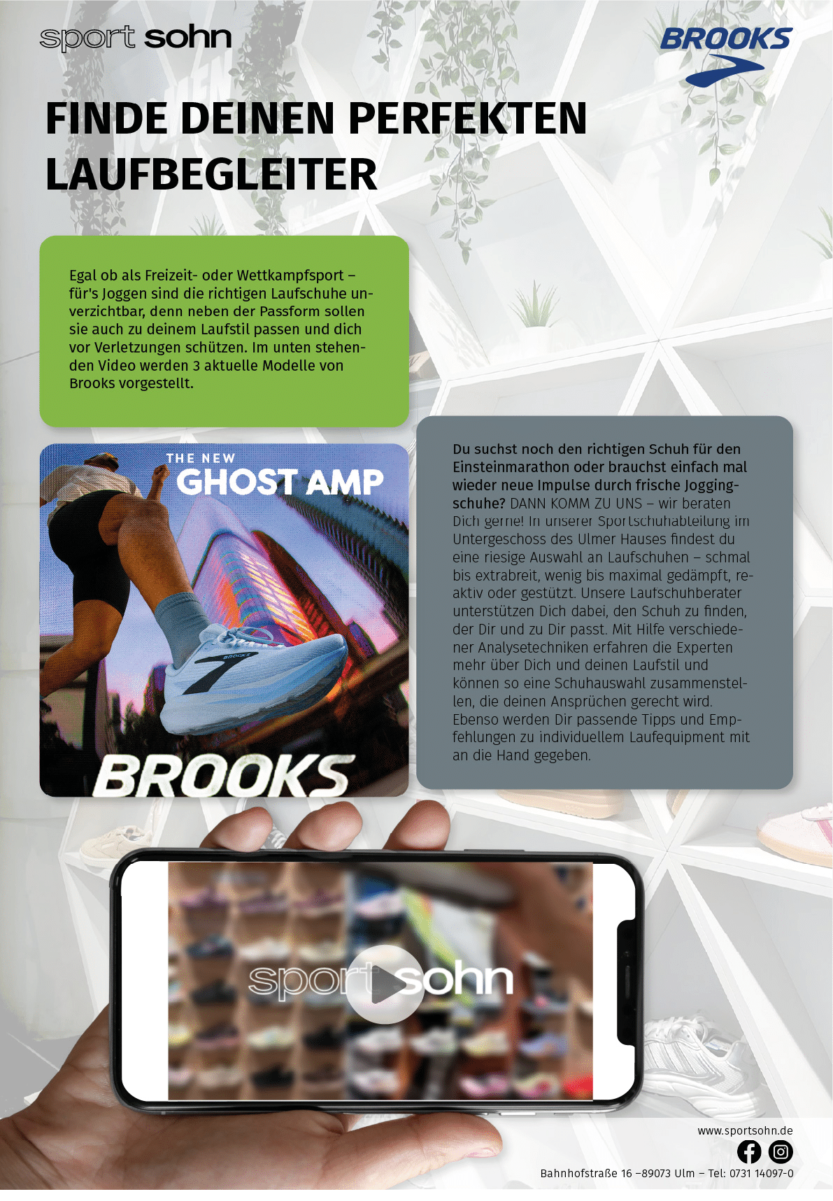 A promotional flyer for Brooks running shoes features a person running in white sneakers, text in German about finding the perfect running companion, and a hand holding a smartphone displaying a blurred shoe store video. Beschreibung von KI generiert