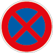 A circular traffic sign with a blue center crossed by a red X and surrounded by a red border indicating no stopping or parking. Beschreibung von KI generiert