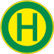 A green letter H inside a yellow circle with a thick green border, resembling a bus stop sign. Beschreibung von KI generiert