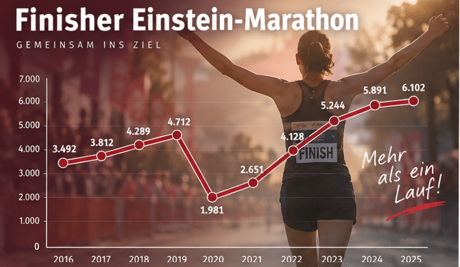 A person with arms raised stands near a finish line while a line graph shows the increasing number of finishers in the Einstein Marathon from 2016 to 2025 with a dip in 2020. Beschreibung von KI generiert