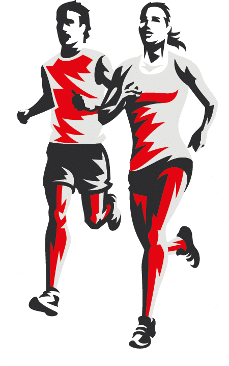 Two adults wearing athletic clothing with red and black patterns are running side by side. Beschreibung von KI generiert