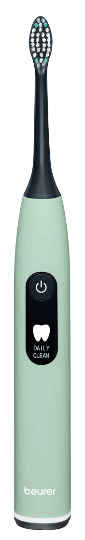 A mint green electric toothbrush with a black brush head and a digital display showing a power button icon and the words daily clean. Beschreibung von KI generiert