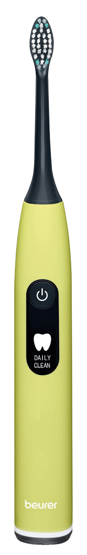 A lime green electric toothbrush with a black brush head and a digital display showing a power button icon and the words “DAILY CLEAN." Beschreibung von KI generiert