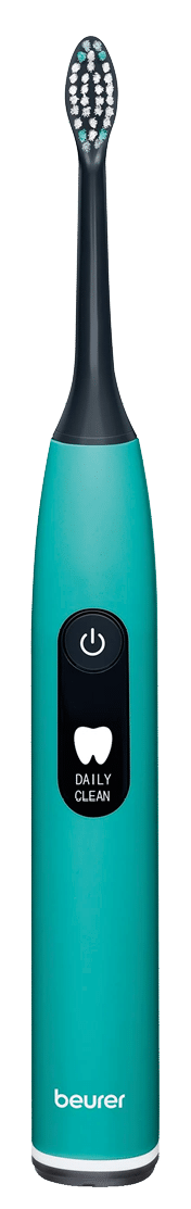 A teal and black electric toothbrush with a digital display showing a power button icon and the words daily clean. Beschreibung von KI generiert