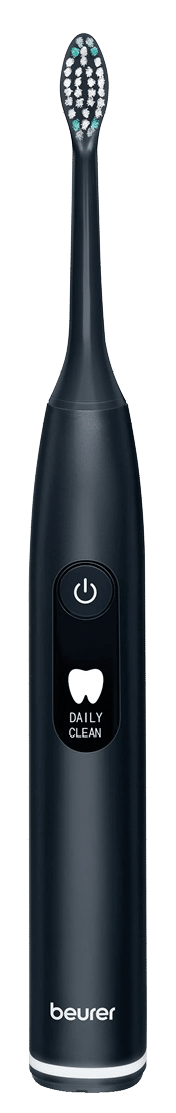 A sleek black electric toothbrush with a power button, a display showing a tooth icon and the words daily clean, and the brand name Beurer at the bottom. Beschreibung von KI generiert
