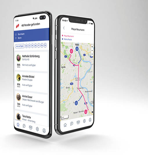Two smartphones display a carpooling app with one screen showing a list of commuters and their availability and the other screen showing a map with a route and location markers. Beschreibung von KI generiert