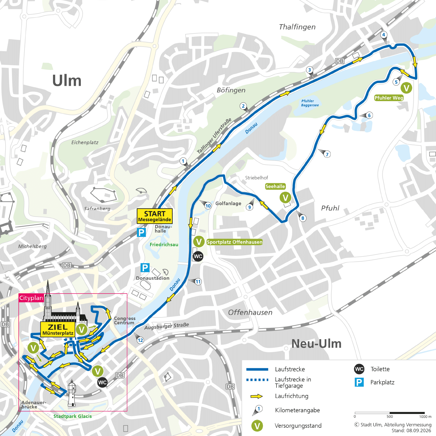 A detailed map showing a route starting at Messegel nde near Donauhalle, passing through areas labeled B fingen, Seehalle, and Sportplatz Offenhausen, with directional arrows along the path and various landmarks and parking areas marked. Beschreibung von KI generiert