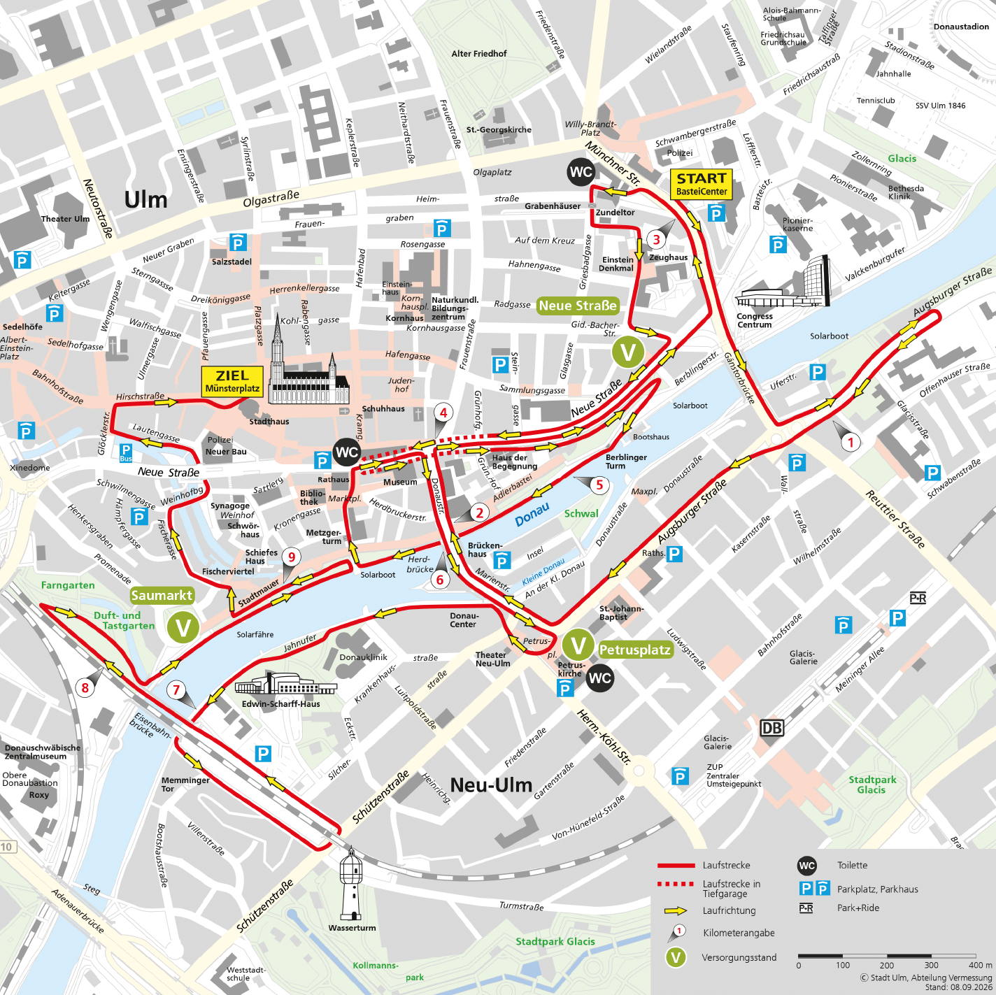 A detailed city map of Ulm highlighting a walking route with numbered points, landmarks, parking areas, public restrooms, and key streets including Neue Stra e and M nsterplatz. Beschreibung von KI generiert