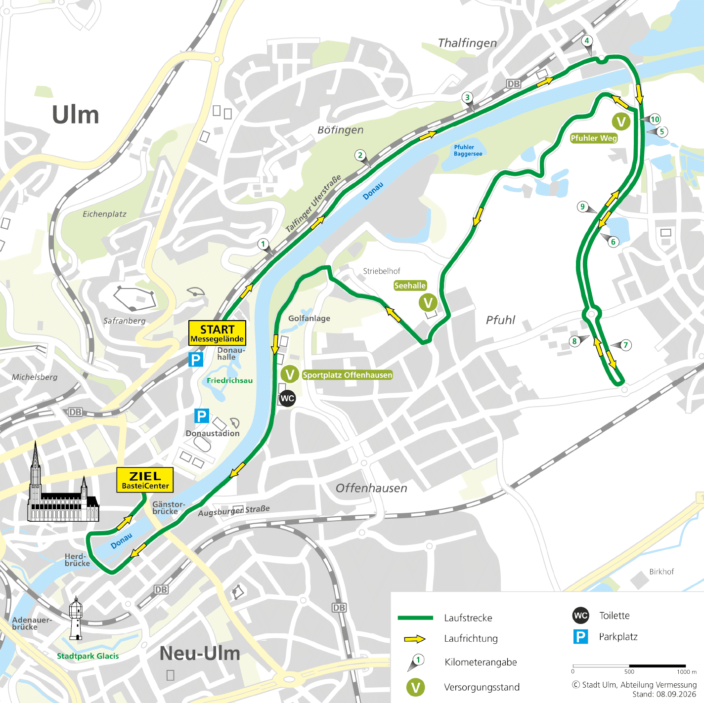 A map showing a marked route starting at Messegel nde in Friedrichsau, following along the Donau river through B fingen and Pfuhl, passing landmarks like Sportplatz Offenhausen and Seehalle. Beschreibung von KI generiert