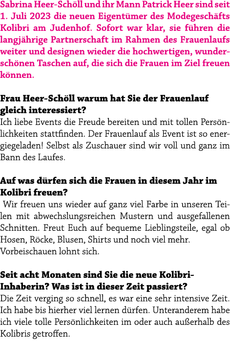 Sabrina Heer Sch ll und ihr Mann Patrick Heer sind seit 1. Juli 2023 die neuen Eigent mer des Modegesch fts Kolibri a...