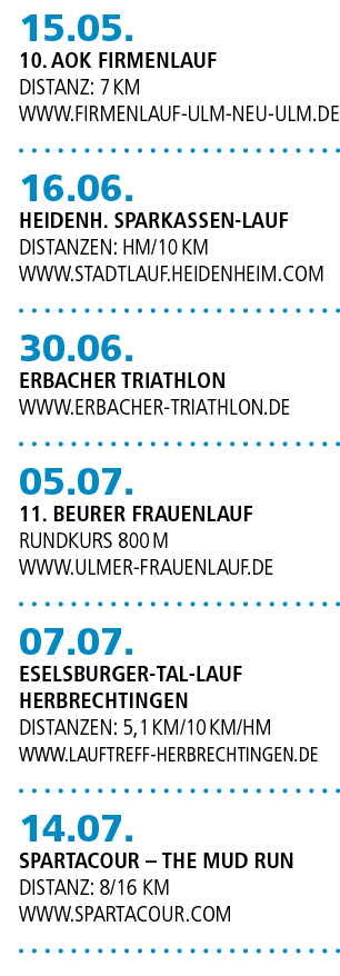 15.05. 10. AOK Firmenlauf Distanz: 7 km www.firmenlauf ulm neu ulm.de 16.06. Heidenh. Sparkassen Lauf Distanzen: HM/1...