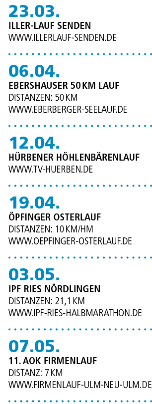 23.03. Iller lauf Senden www.illerlauf senden.de 06.04. Ebershauser 50 km lauf Distanzen: 50 km www.eberberger seelau...