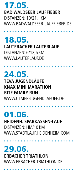 17.05. Bad Waldseer Lauffieber Distanzen: 10/21,1 km www.badwaldseer lauffieber.de 18.05. Lauteracher lauterlauf Dist...