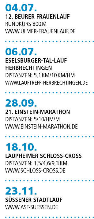04.07. 12. Beurer Frauenlauf Rundkurs 800 m www.ulmer frauenlauf.de 06.07. Eselsburger Tal Lauf Herbrechtingen Distan...