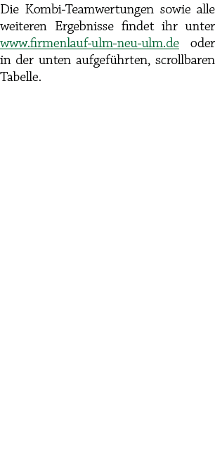 Die Kombi Teamwertungen sowie alle weiteren Ergebnisse findet ihr unter www.firmenlauf ulm neu ulm.de oder in der unt...