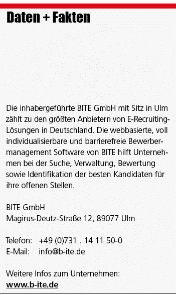 Daten + Fakten Die inhabergef hrte BITE GmbH mit Sitz in Ulm z hlt zu den gr ten Anbietern von E Recruiting L sungen...