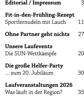 Editorial / Impressum 3 Fit in den Fr hling Rezept Sportlernudeln mit Lauch 11 Ohne Partner geht nichts 27 Unsere Lau...