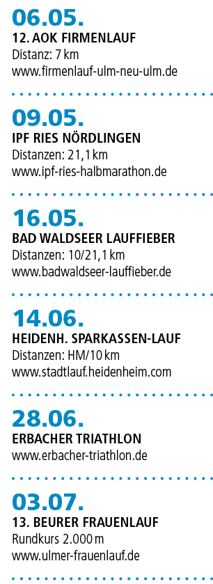 06.05. 12. AOK Firmenlauf Distanz: 7 km www.firmenlauf ulm neu ulm.de 09.05. IPF Ries N rdlingen Distanzen: 21,1 km w...