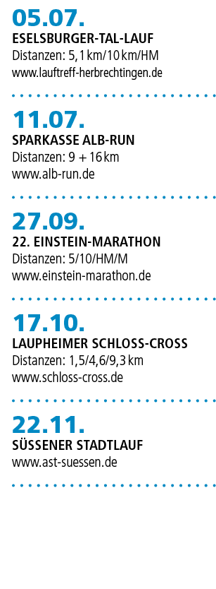 05.07. Eselsburger Tal Lauf Distanzen: 5,1 km/10 km/HM www.lauftreff herbrechtingen.de 11.07. Sparkasse Alb Run Dista...