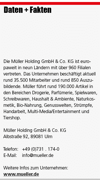 Daten + Fakten Die M ller Holding GmbH & Co. KG ist europaweit in neun L ndern mit ber 960 Filialen vertreten. Das U...