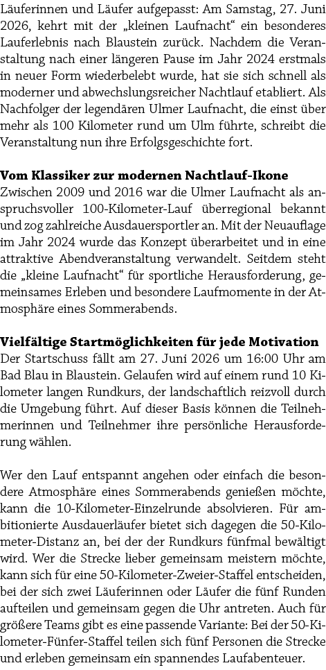 L uferinnen und L ufer aufgepasst: Am Samstag, 27. Juni 2026, kehrt mit der „kleinen Laufnacht“ ein besonderes Laufer...